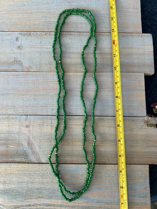 3pc Spring Necklace Set Red Choker, Green Seed Bead, Long Gold Multicolor Layers - Picture 7 of 13